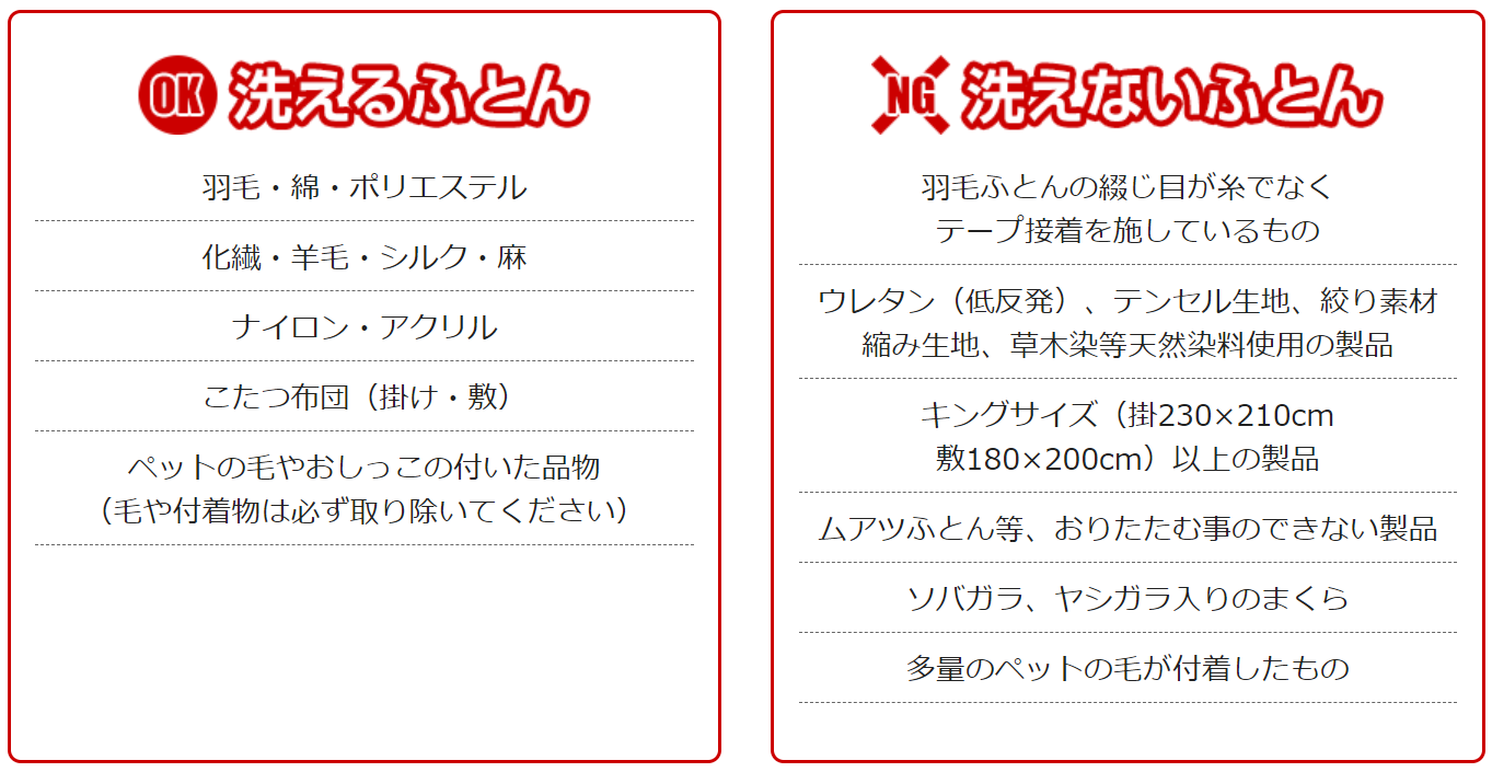 しももとクリーニング 洗える布団と洗えない布団 2021年