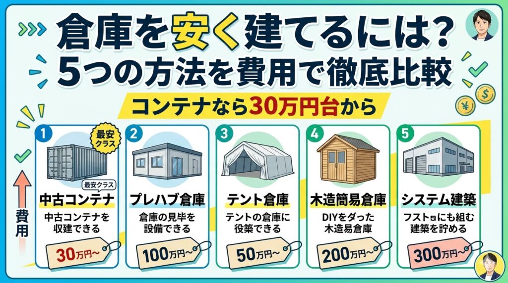 倉庫を安く建てるには？5つの方法を費用で徹底比較｜コンテナなら30万円台から