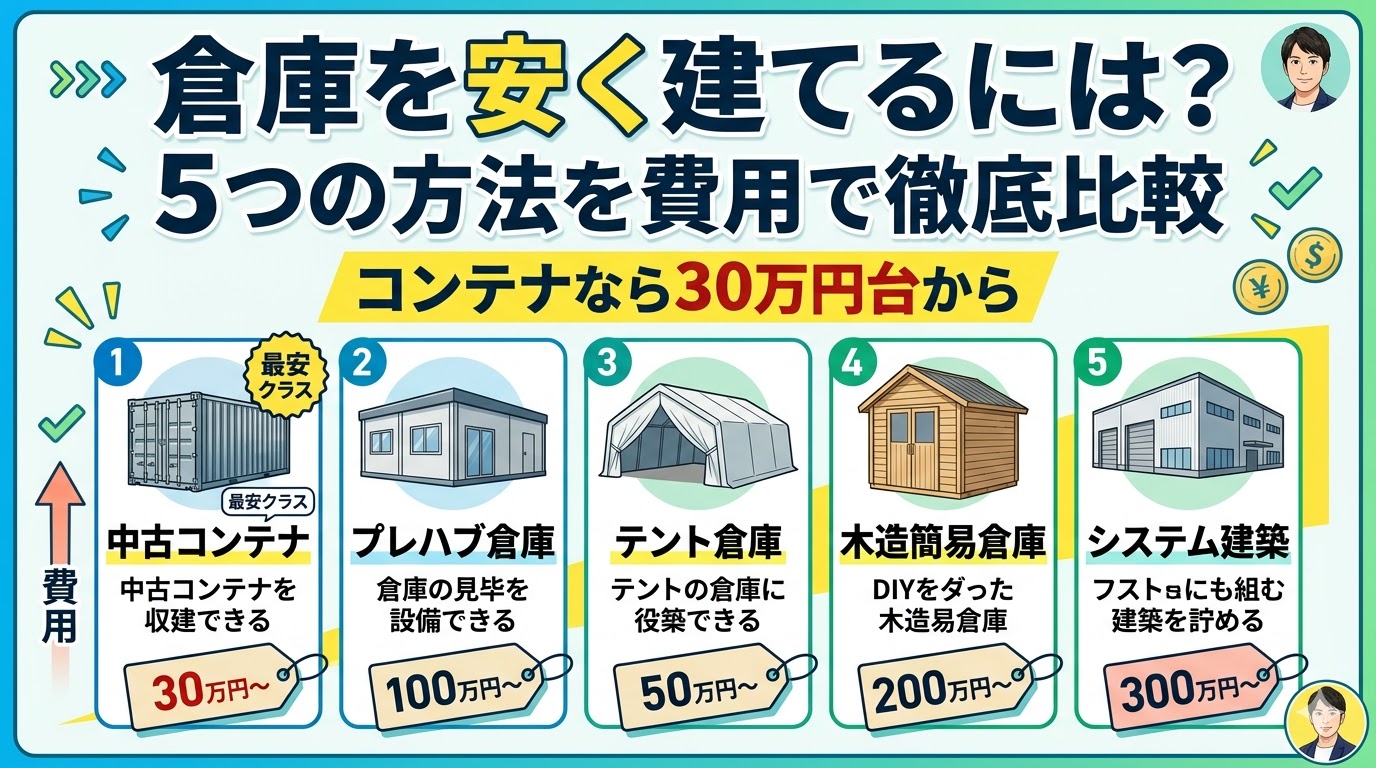 倉庫を安く建てるには？5つの方法を費用で徹底比較｜コンテナなら30万円台から